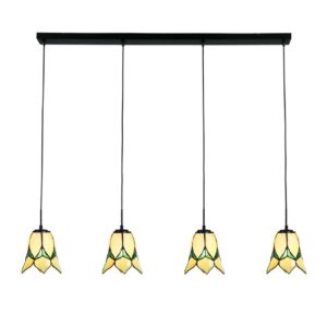 Tiffany hanglamp Lovely Flower Yellow – 4-lichts balklamp – geel/groen tulpvorm