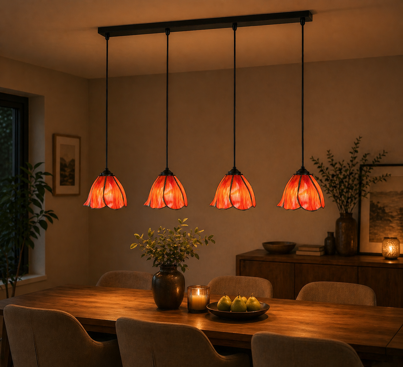 Tiffany hanglamp Tender Poppy – 4-lichts balklamp – klaproos rood - Afbeelding 2