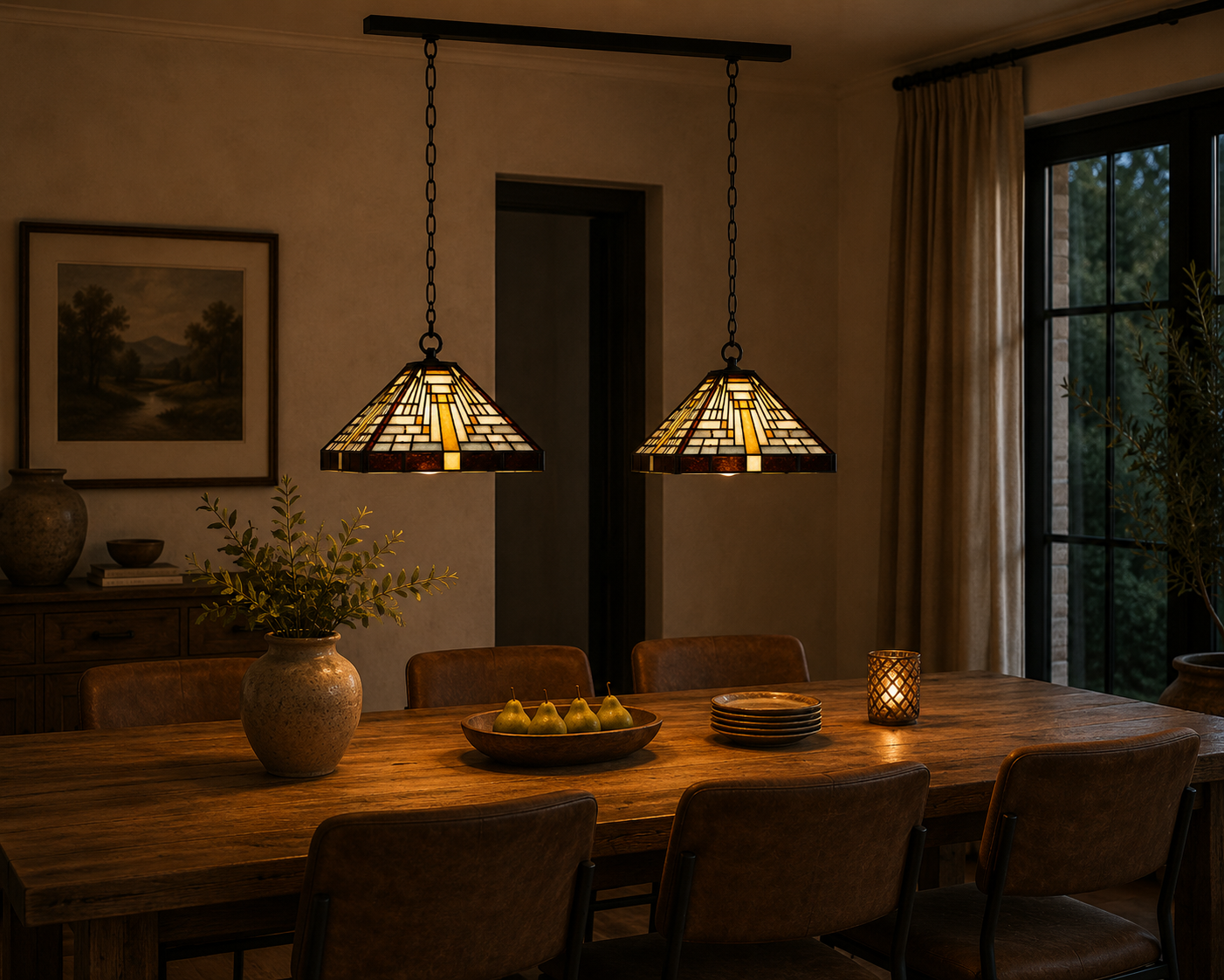2 x Tiffany Rising Sun aan plafondbalk – geometrisch design – 2-lichts - Afbeelding 2