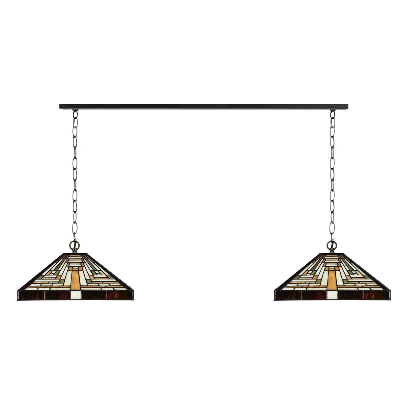 2 x Tiffany Rising Sun aan plafondbalk – geometrisch design – 2-lichts